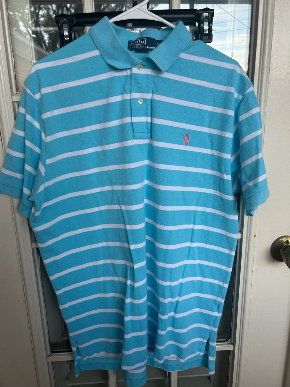 Ralph Lauren Teal & White Striped Polo with Pink Pony
